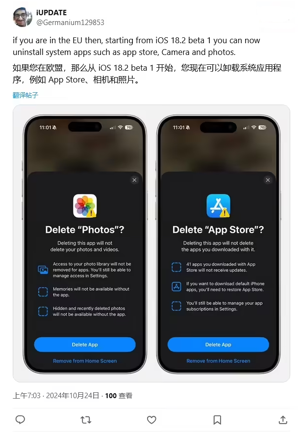 大岭山镇苹果手机维修分享iOS 18.2 支持删除 App Store 应用商店 