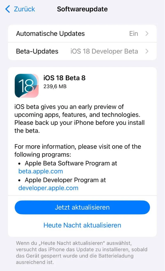 大岭山镇苹果手机维修分享苹果 iOS / iPadOS 18 开发者预览版 Beta 8 发布 